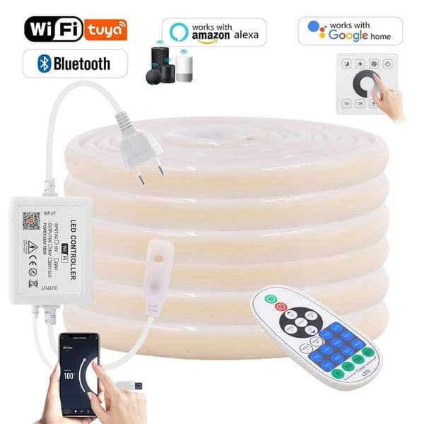 Wall mounted WiFi Bluetooth COB LED neon light strip 220V dimmable 23key remote control power kit AC 220V 288LED/m waterproof rope X250402