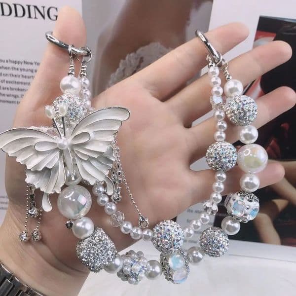 Glitter Rhinestone Phone Chain Pearl Double Layer Beaded Cell Phone Lanyard Handheld Wrist Strap Beads Bag Pendant Key Chain 251031BJ