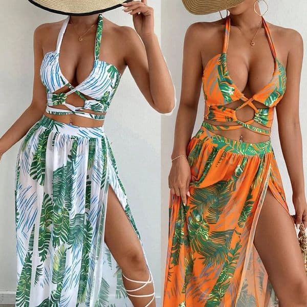 Fashionable and trendy new long pants, gauze skirt, tie, sexy split bikini, vacation style women's swimsuit