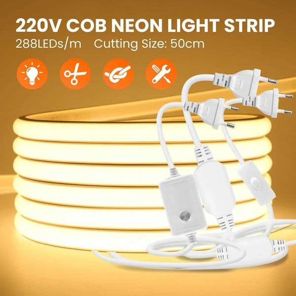 220V dimmable COB LED switch neon strip light IP68 waterproof EU plug kit flexible light 288 LED white natural warm home decoration 0.5m 5m X250402