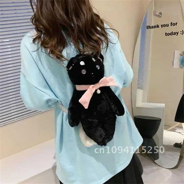Kawaii Black/White Bag Womens Cartoon Plush Shoulder Bag Womens Cute Backpack X250402