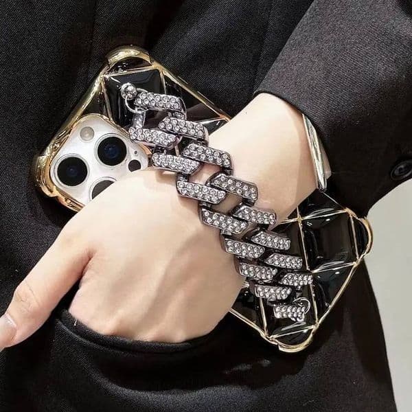 Plating Gold Lattice Grid Diamond Chain Phone Cases For iPhone 16 15 14 Plus 13 12 11 Pro Max Soft Silicone Wrist Strap Cover