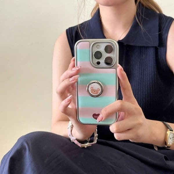 Simple Color Collision Stripe Finger Ring Holder Drip Glue Silver Border Phone Cover Case for iPhone 16 15 14 13 Pro Max
