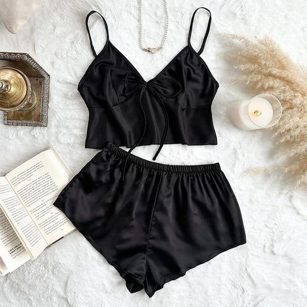 Womens elegant and sexy solid 2piece satin casual suit set comfortable breathable shorts Vneck pajamas suitable for all seasons 250403BJ