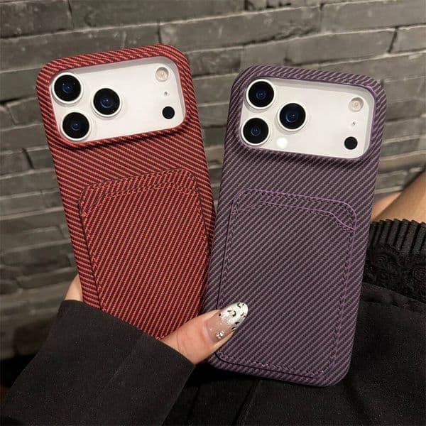 Carbon Fiber Card Wallet Holder Matte Case for iPhone 17 Air 16 15 14 Plus 13 12 11 Pro Max Shockproof Skin Feel Striped Cover