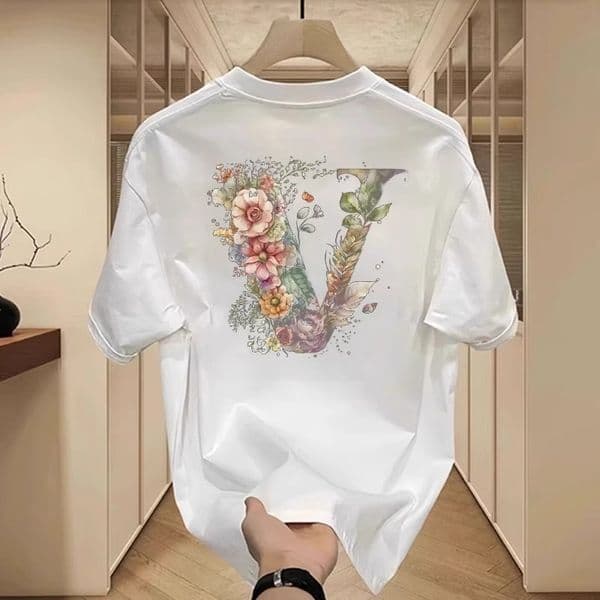 New summer short sleeve men's cotton fashion printed pattern trend all casual round neck T-shirt men plus size black and white