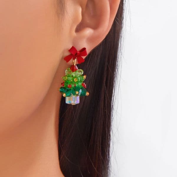 Light Crystal Beaded Christmas Tree Red Bow Earrings for Women Santa Claus Drop Earrings Girl Year Festival Jewelry 251131