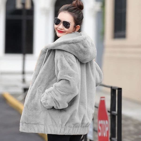 Womens Flannel Hooded Coat MidLength Plush Jacket Winter FleeceLined Warm Outerwear 251103