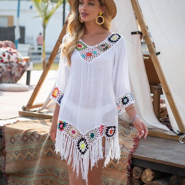Crochet Bikini white bikini cover with edge decoration womens sexy hollow tuned beach dress summer swimsuit beachwear 250327