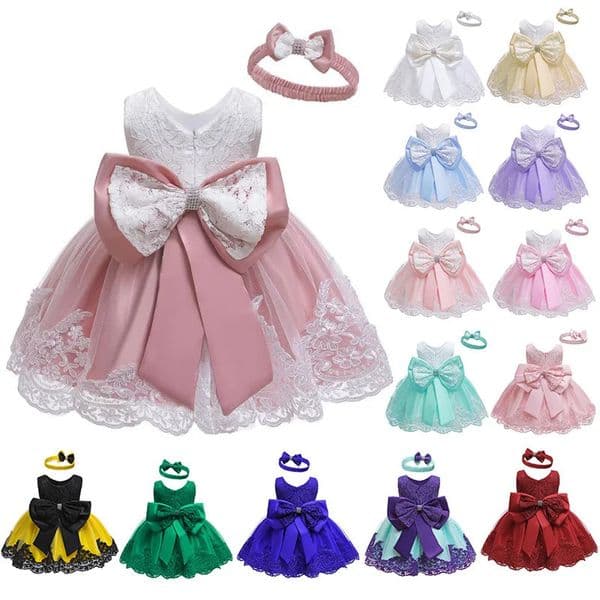 Baby Girls Princess Dress And Hairband 2Pcs Elegant Bow Toddler Girl 1 Years Birthday Party Lace Ball Gown Vestidos Kids Dresses 251028BJ