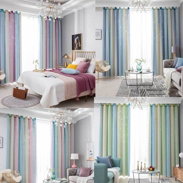 134x274cm Rainbow Gradient Blackout Curtains Double Layers Romantic Sheer Children Girls Hollow Out Window Curtain For Living Room Bedroom Windows Drapes