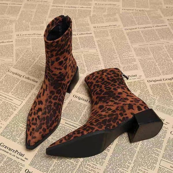 Leopard Womens Ankle Boots Mid Heels Pointed Toe Suede Shoes Winter Elegant Pumps Gothic Boots Chelsea Mujer Botas 251030