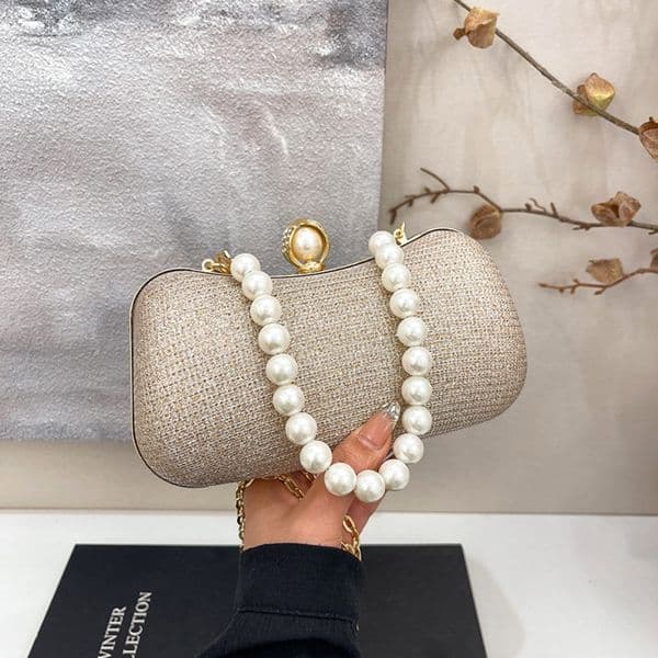 Retro Elegant Woman's Leather Chain Shoulder Bag Featuring Classic Pearl Decorations & Secure Buckles