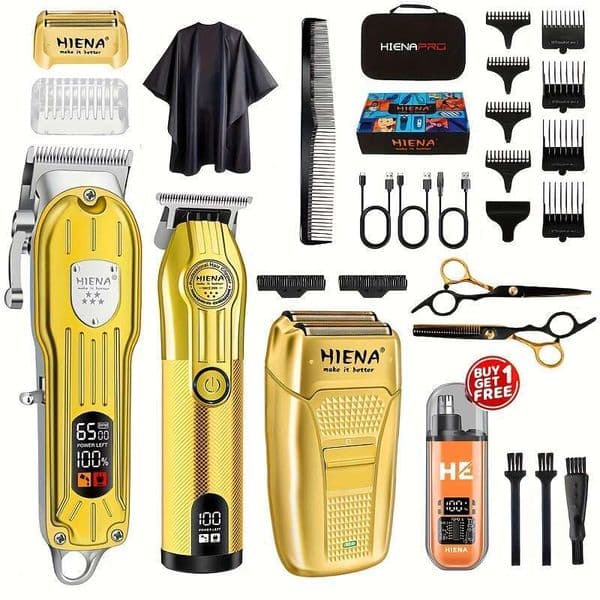 HIENA 4Pcs Professional Barber Kit - USB Rechargeable, Cordless, Lithium Battery | Electric Razor, Fine Trimmer, Beard Groomer, Nose Hair Clipper, Ideal Gift