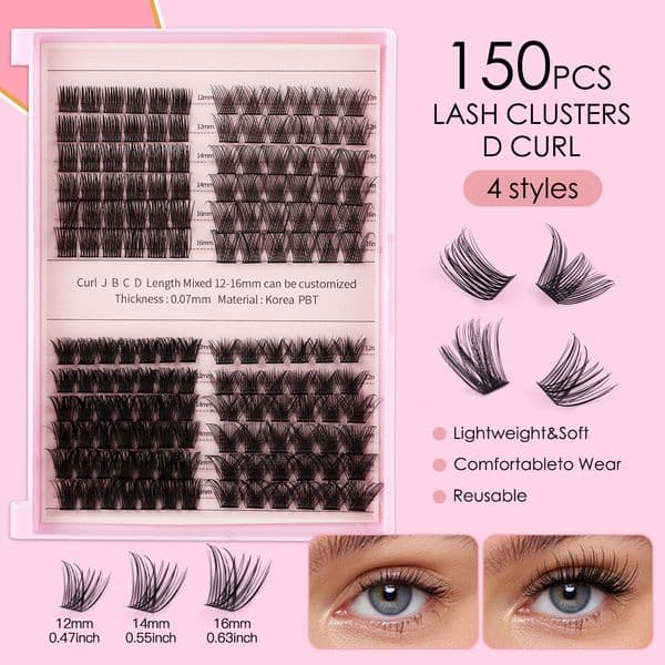 Soft Light DIY Individual Eyelashes 150Pcs DIY Cluster Lashes Kit with Lash Bond & Seal Reusable Handmade Fluffy Wispy Grafted Lashes