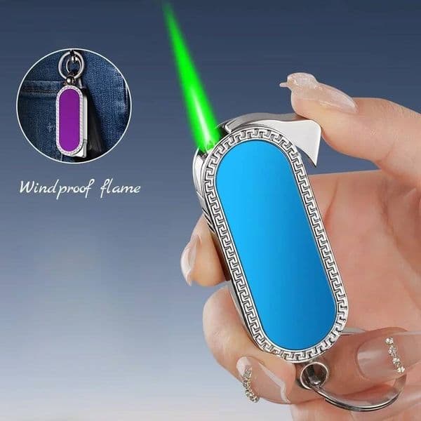 Mini Metal Keychain Iatable Windproof Outdoor Portable Mirror Multifunctional Spray Green Flame Butane Lighter Torch
