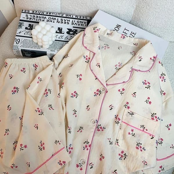 Fresh Sweet Little Flowers Print Womens Pajamas French Elegant Cloud Cotton 2piece Summer Y2k 250403