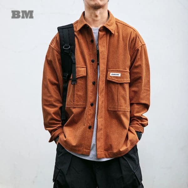 Japanese retro waffle biscuit cargo shirt mens clothing Korean fashion street trend coat plus size Harajuku casual black lapel top 250403