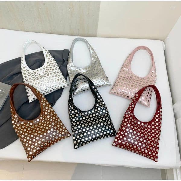 Drawstring 2025 Retro Rivet Decoration Women's Shoulder Bag Motorcycle Style Underarm Handbag Fashion Large Capacity All-match