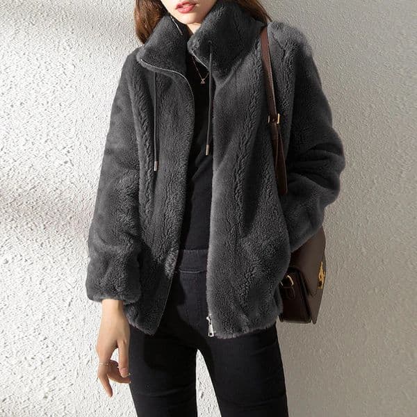 Female Winter Jacket Thickened Doublesided Velvet Standup Collar Warm Retro Style Elegant Short Womens Cardigan Clothes 251103