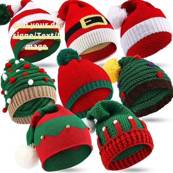 Custom 8 Pcs Santa Adult Christmas Winter Knitted Beanie Hats with Pom for Xmas Holiday