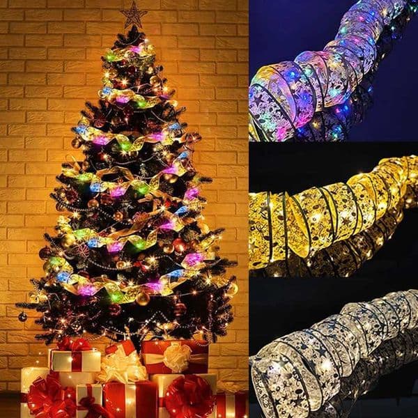 110M Christmas Ribbon Fairy Lights Silver Christmas Ribbon Bows Fairy String Lights for Home Party Christmas Tree Decoration Z251101