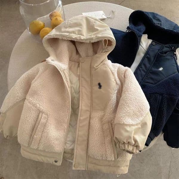 Designer 2025 Autumn Winter Kids Unisex Sherpa Fleece Patchwork Hooded Quilted Jacket - Trendy Warm Cotton Coat for Boys Girls