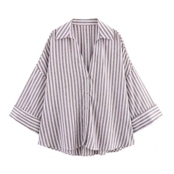 European And American 2025 Spring Womens Clothing Style Collar Linen Blended Wide Sleeve Simple Casual Shirt 250403