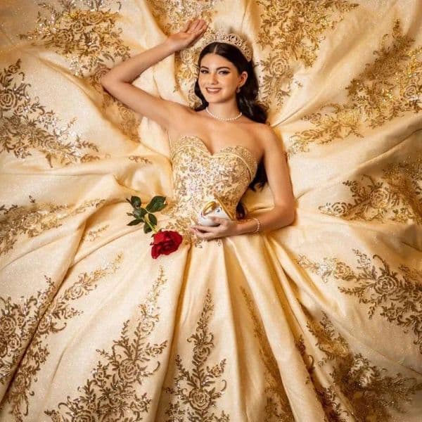 Gold Sequin Quinceanera Dresses Petal Power Teens Girls Prom Gowns Bead Puffy Sweet 15 Vestidos de