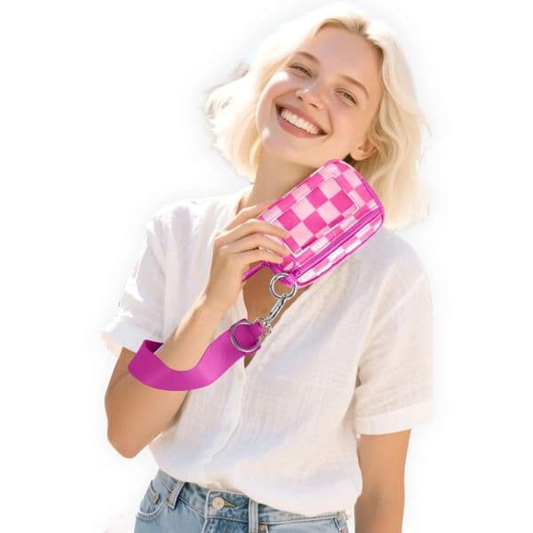 Wallet Black checkered Card Case with ID Window Purses for Women Coin Purse with Zipper Mini Portable Keychain Wallet