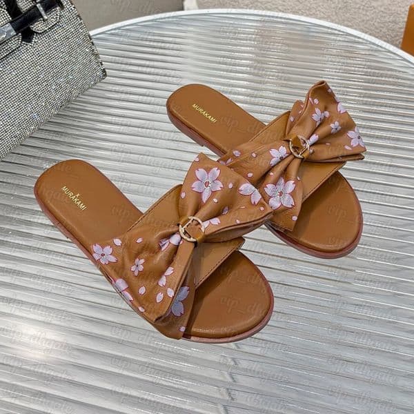 Murakami pool slide Sac cherry blossom bow tazz slipper Lily luxury sandale Designer shoe woman sliders fashion leather flat sandalias flip flop casual shoes ippers