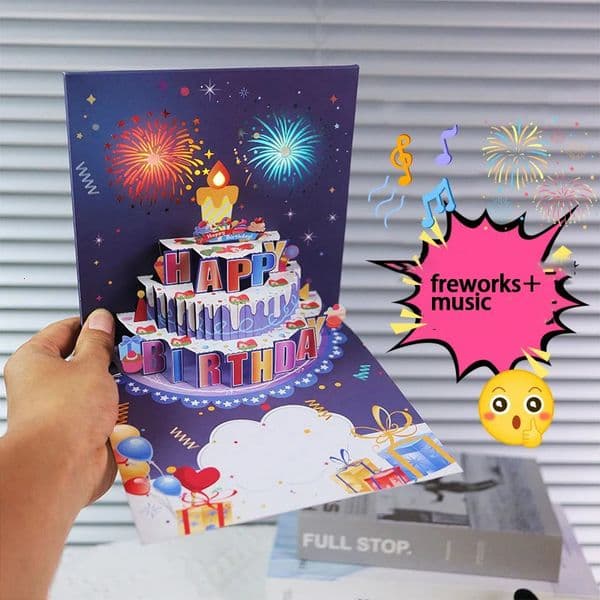 1 birthday card fireworks 3D pop-up cake light and music birthday card for husband wife mother 250403