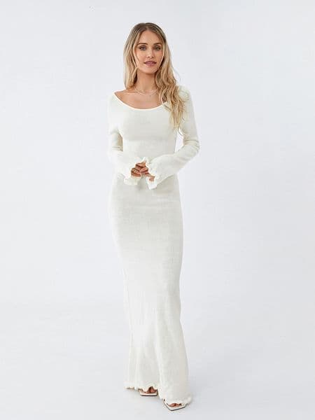 Womens Autumn Winter Knitted Bodycon Dress Long Sleeve Tie Backless Round Neck Solid Color Ruffle Trim Beachwear 251103