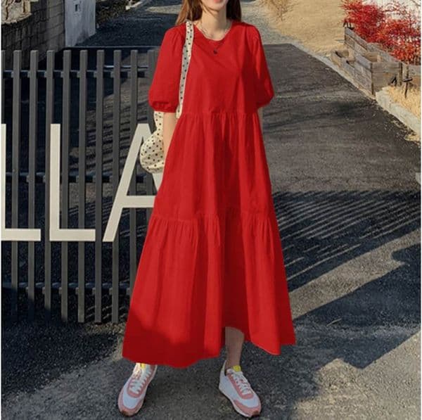 (1229) New Fashionable Loose Solid Color Puff Sleeve Swing Long Dress