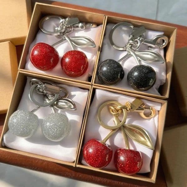 charm cherry bag charm keychain for women key rings keychain retro-cool cherry motif in glittery resin clip it to bag set of keys for refreshing style key lanyards 01
