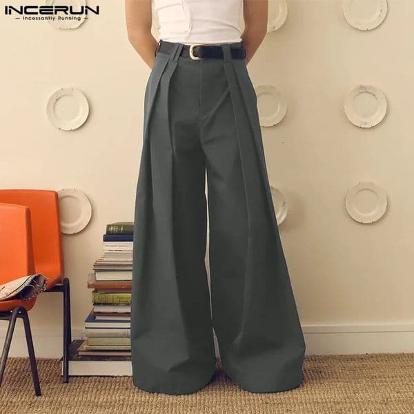 INCERUN Mens Wide Leg Pants Solid Color Button Jogger Loose Fold Casual Mens Street Clothing Fashion Pants S-5XL 250402BJ