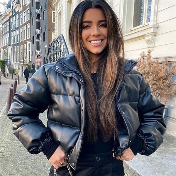 Winter Parka Coat Womens Jacket Thick Warm Women Fashion Black PU Leather Coats Women Elegant Zipper Faux Leather Jackets Tops 251104