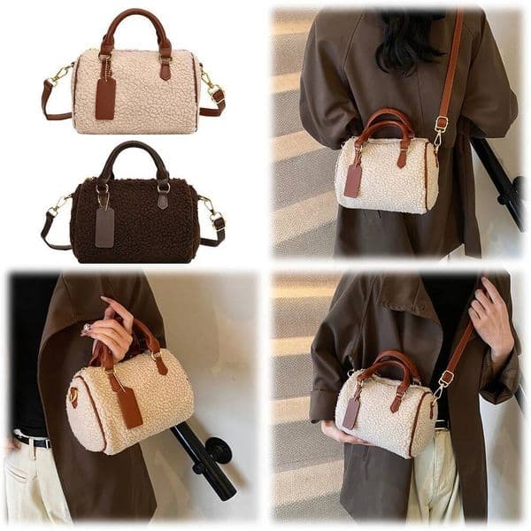 Women PU Leather Shoulder Fluffy Furry Handbag Zipper Crossbody Bag with Pocket Satchel Purse for Work Travel