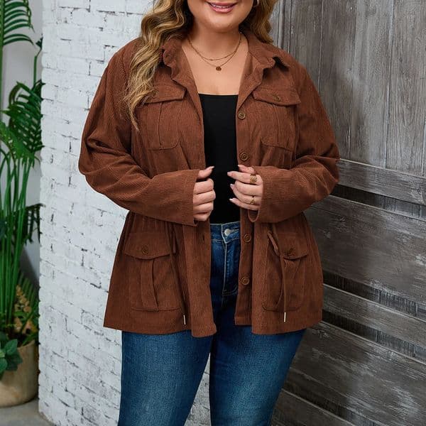 Plus Size Womens Solid Ribbed Corduroy Long Sleeve Turn Down Collar Coats Jackets Winter Casual Multi-Pockets Outwear Outcoat 251104