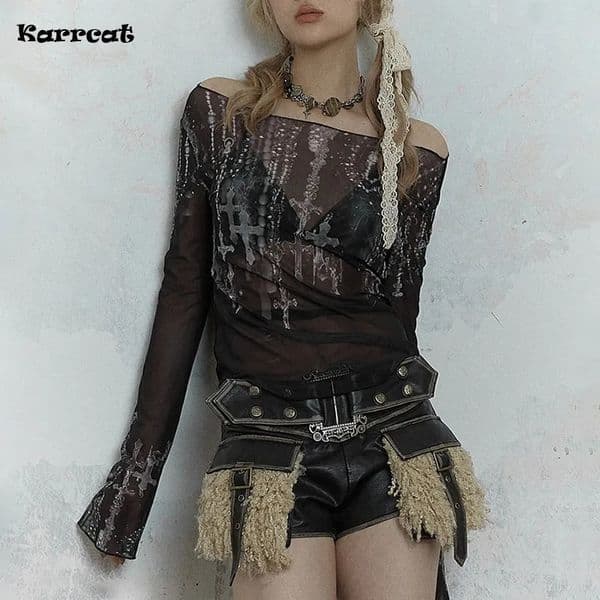 Karrcat Gothic Goth Black Mesh Tops Women Grunge Aesthetic Off Shoulder Graphic Crop T Shirts See Through Trashy Y2k 2000s Tees 251105
