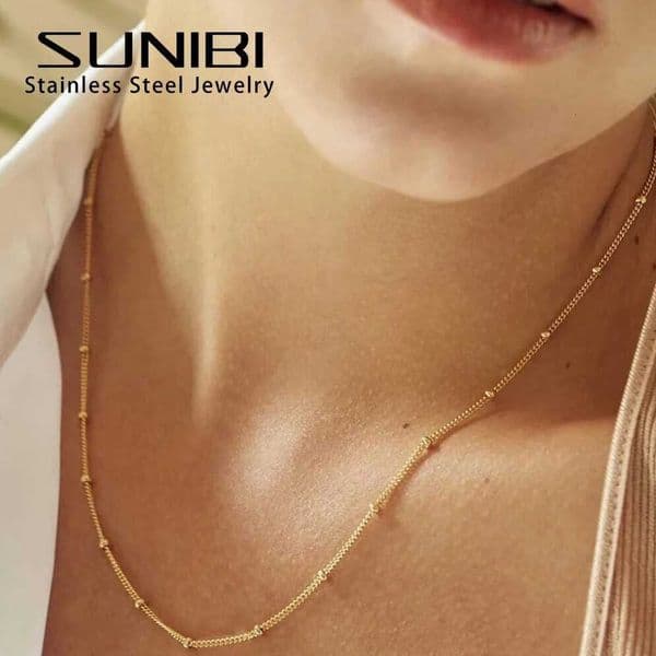 SUNIBI Stainless Steel Chain Necklace for Women Gold Color Thin Choker Bead Chain Necklace Jewelry Wholesale DropshippingW251105