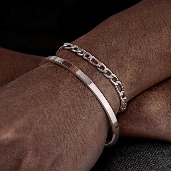 2pcs/set Figaro Chain Bracelet for MenSilver Color Stainless Steel Cuff BanglesStylish Layered Bracelet Gift for Him BoyXJ251105