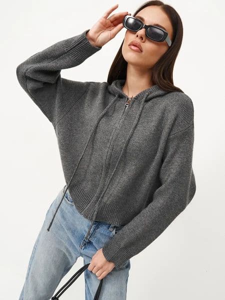 Womens Sweater Jackets Zipper Autumn Winter Short Cardigan Crop Top Solid Gray Blue Thicken Warm Knitted Hooded Jacket Women 251030