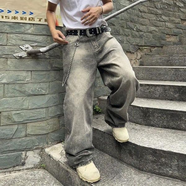 Men's Jeans Vintage Men Y2k Stretchy Baggy Denim For Fashion Casual Pants Streetwear Hip Hop Wide-Leg Straight Trousers