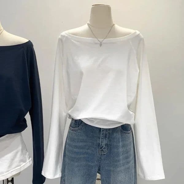 Korean One Shoulder Cotton Slant Shoulder Long Sleeve Womens Clothing Style Interior Wide Truffle Shoulder Base Summer Shirt 251105