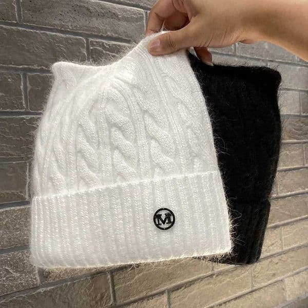 Cute Cat Ear Women Winter Hats Real Rabbit Fur Knitted Hat Letter M Girls Outdoor Walking Bonnet Thicken Warm Skullies Beanies W251106