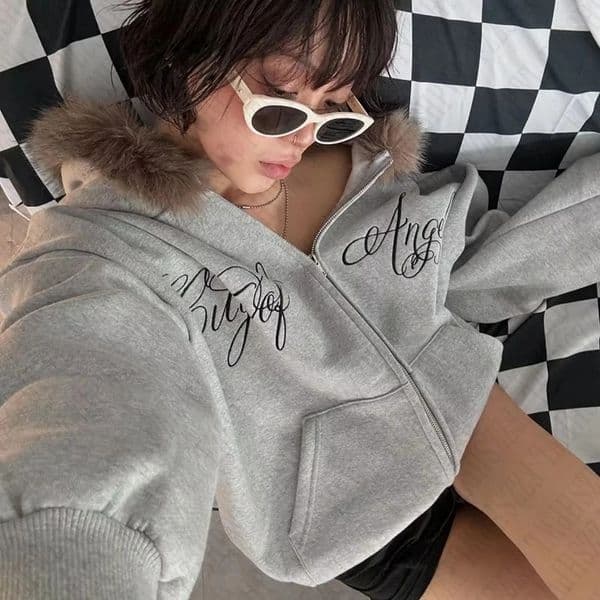 Y2K Harajuku Aesthetic Womens Winter Fur Collar Hoodie Chic Long Sleeve Open Knitted Woolen Sweater Oversized Rock Street Top 250403BJ