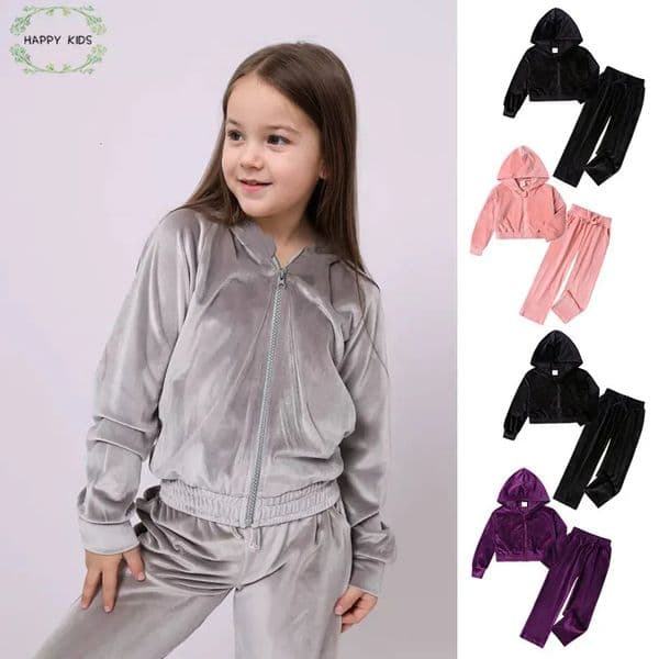 2Pcs Fashion Children Girls Velvet Sweatsuit Toddler Zipper Up Hoodie Jackets CoatPants Set Winter Kids Tracksuits Outfits 251105