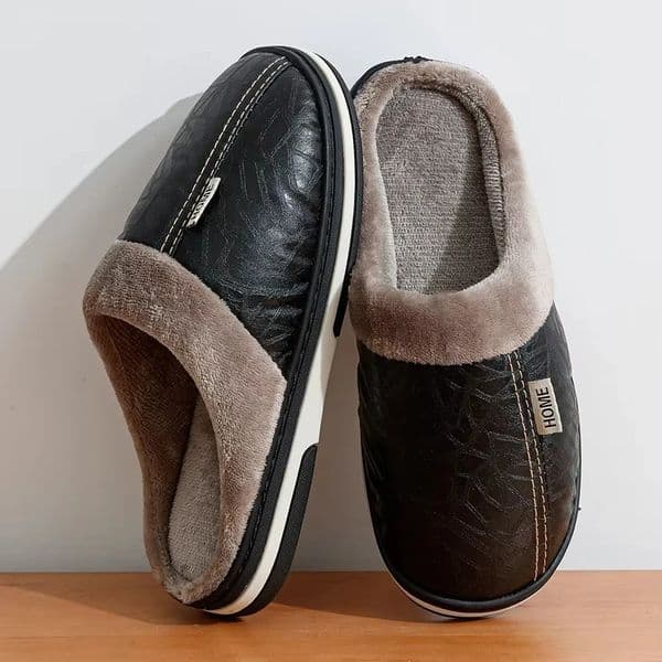Mens slippers Winter Big Size Indoor Waterproof PU Leather Living Room Home Cotton Shoes Fur Women Bedroom House Shoes 251106