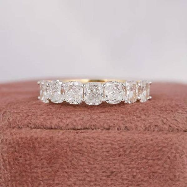 14K Yellow Gold Half Eternity Wedding Band for Women Old Mine Cushion Cut Lab Grown VS1 Seven Stone Claw Prong Set Elegant Half
